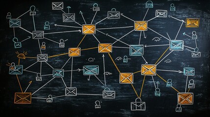 Network of interconnected emails, secured with locks, illustrating communication and data flow