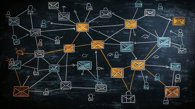 Network of interconnected emails, secured with locks, illustrating communication and data flow - Powered by Adobe