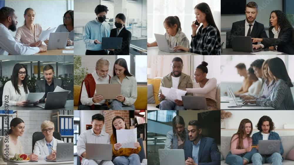Poster A diverse group of individuals is engaged in collaborative work at a modern office, using laptops and discussing various projects together, highlighting teamwork and technology.