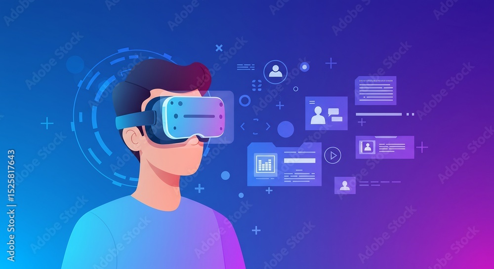 Poster man wearing vr headset interacting with virtual interface