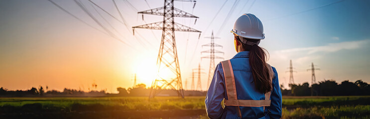 Engineer standing at high voltage transmission power station.