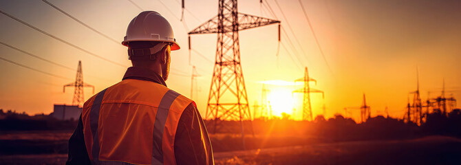 Engineer standing at high voltage transmission power station.