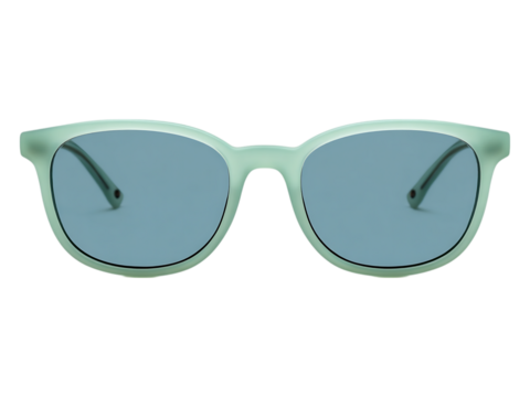 Close up of light green framed sunglasses with blue lenses.