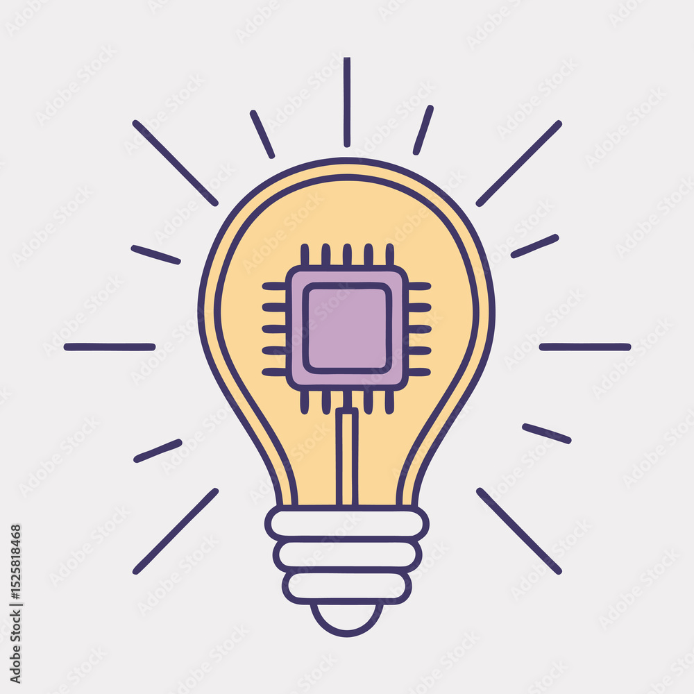 Poster illustration of a lightbulb with a circuit chip depicting innovation and technology.