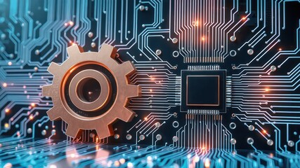 Fototapeta premium Gear and Microchip on Electronic Circuit Board Symbolizing Technological Advancement and the Complex Mechanisms of Modern Innovation