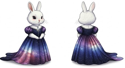 Obraz premium Adorable White Rabbit in Galaxy Print Ball Gown Front and Back Views Cute Fantasy Illustration