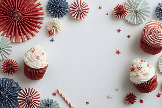 Patriotic cupcakes with American flag for 4th of July celebration, American independent day. US Holidays banner. - Powered by Adobe