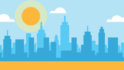 Fototapeta premium Abstract cityscape illustration with sun and clouds featuring clear blue sky graphics