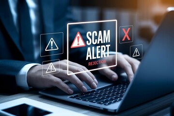 Scam Alert Rejection Notification on Laptop Screen, Businessperson Typing, Cybersecurity Concept