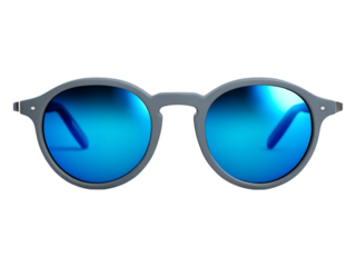 Close up of gray framed sunglasses with blue mirrored lenses.