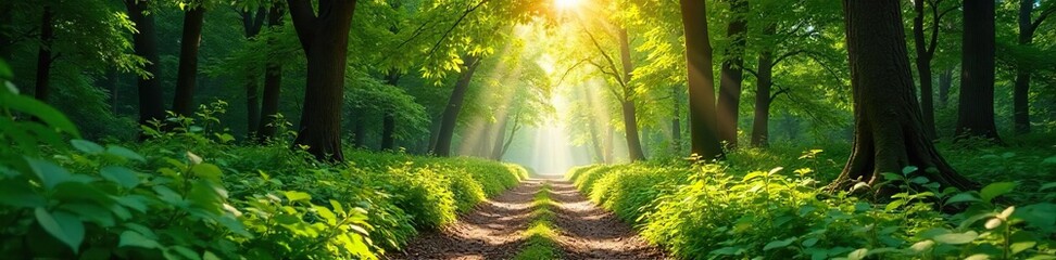 Obraz premium Sun-dappled forest path in summer, lush green canopy overhead, dappled sunlight filtering through leaves, vibrant summer foliage, peaceful woodland scene , path, plants, peaceful