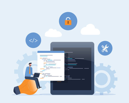 mobile application development. software develop programmer working concept. web design and mobile app design process. flat vector illustration