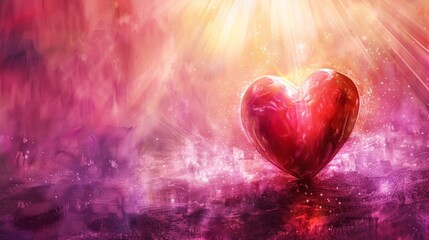 Radiant Red Heart on a Pink and Purple Abstract Background, Glowing with Light Rays