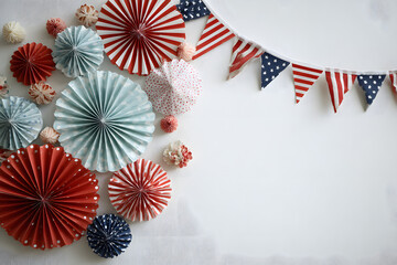 Fototapeta premium 4th of July banner American Independence Day decor: paper fans, flags, mini bunting