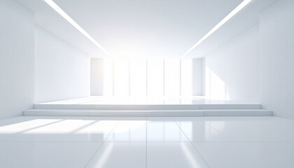 Fototapeta premium Bright white exhibition stage, performance space for product promotion presentations.