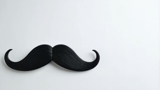 Classic black fake mustache resting on a simple white background, creating a whimsical and playful composition with a blank space.