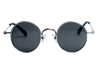Close up of round sunglasses with silver frames on white or transparent background.