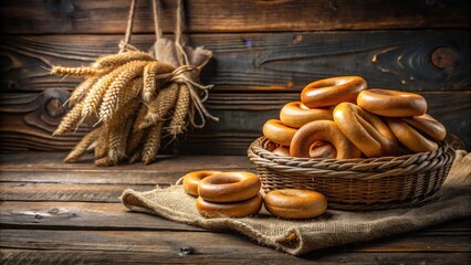 A Rustic Still Life Featuring Golden-Brown Baked Goods in a Woven Basket Beside a Bundle of Wheat on a Weathered Wooden Table