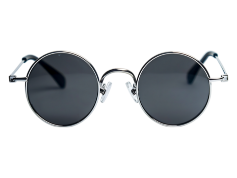 Close up of round sunglasses with silver frames on white or transparent background.