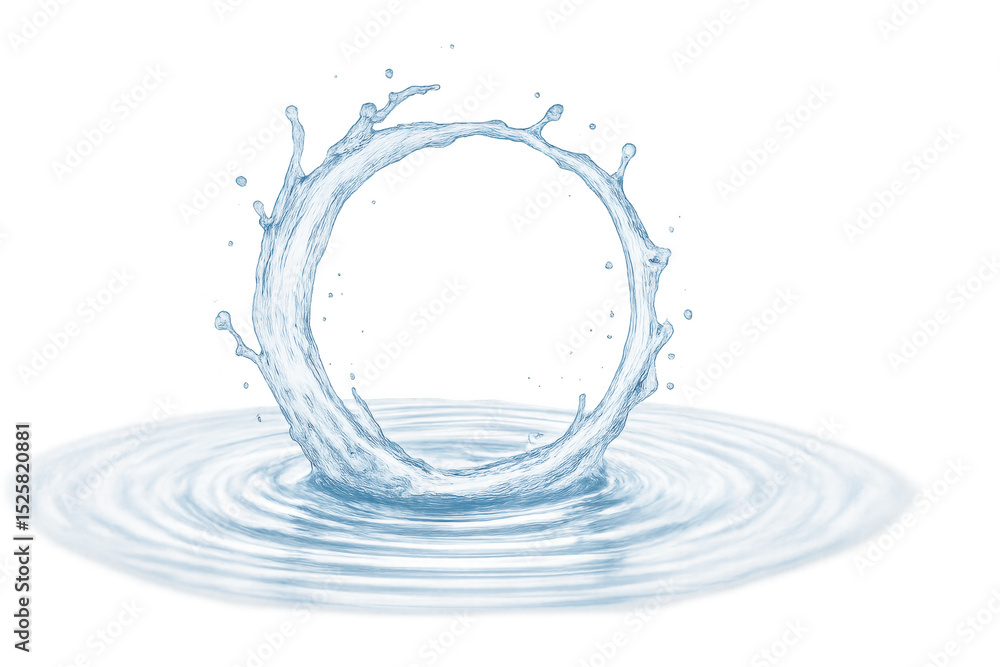 Poster water droplet creating circular ripples, splashing dynamically against transparent backdrop, symboli