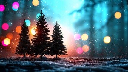 Festive Winter Scene Three Silhouetted Pine Trees in Snowy Landscape with Colorful Bokeh Lights