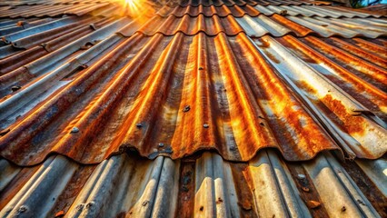 Rustic corrugated metal roofing texture showing the effects of time and weather, exhibiting a striking array of warm sunset hues and aged metallic tones.