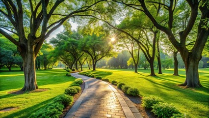Serene Pathway Winding Through a Lush Green Park at Sunrise, Bathed in Golden Sunlight