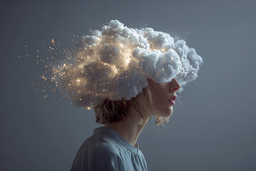 a large fluffy cumulus cloud rising from it like steam on over a head seriously woman.
