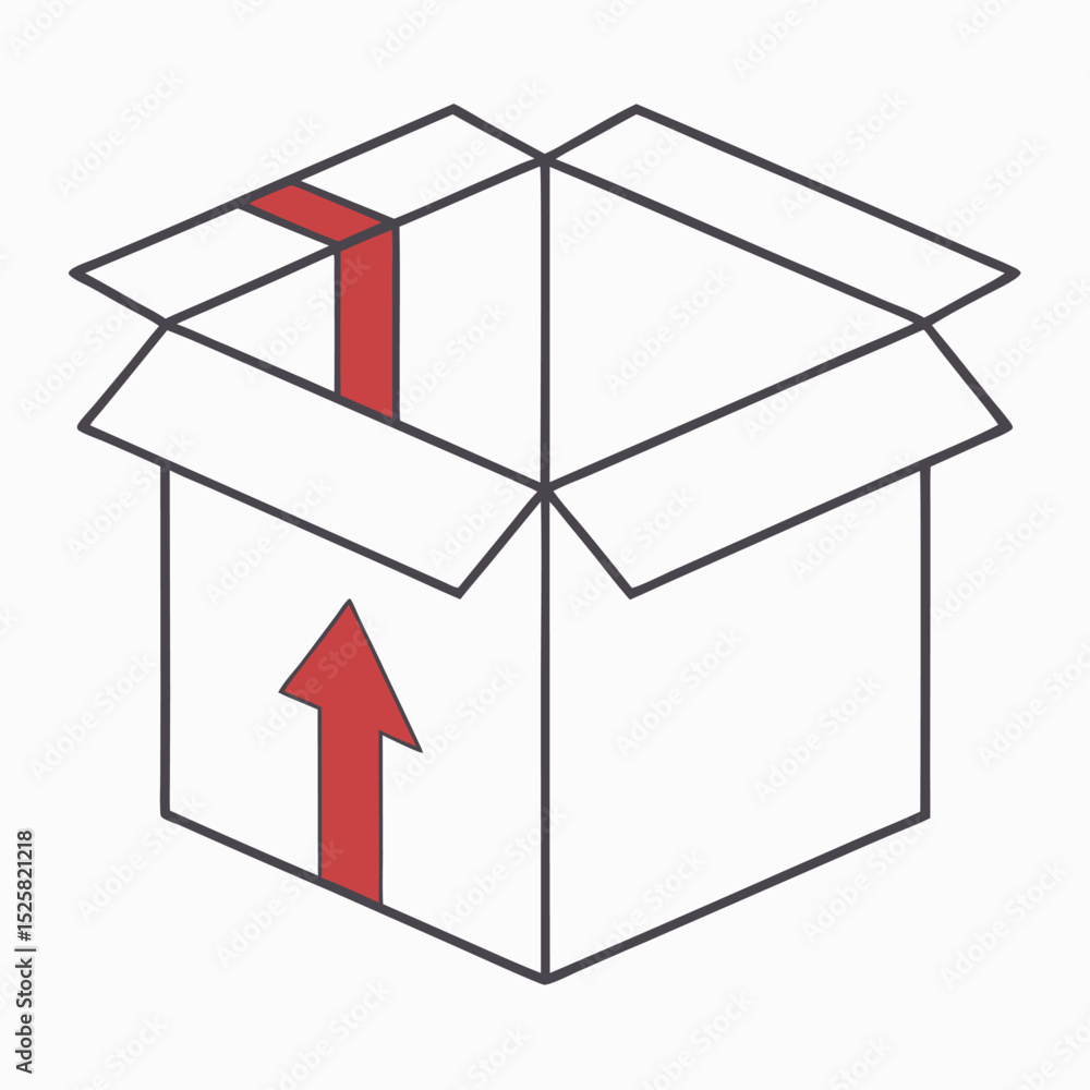 Poster minimalist isometric open box with red arrow indicating upward direction