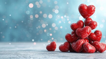 Romantic Red Hearts Stacked in a Pyramid Shape on Snowy Surface with Bokeh Background