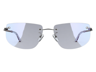 Close up of rimless silver eyeglasses on white or transparent background.