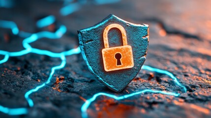 Cyber Security Shield Digital Lock Icon on Dark Textured Surface with Glowing Blue Lines