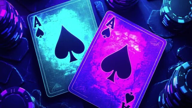 Two neon ace of spades cards with poker chips on a dark background, great for gambling themes.