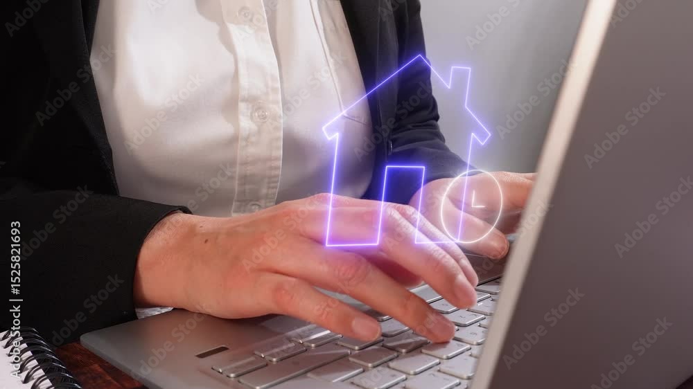 Poster a person typing on their laptop with an outline of a house's shape and features floating above it wi
