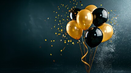 Elegant Gold and Black Balloons with Confetti, Festive Celebration Image