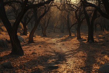 Sunlit path through a dense autumnal woodland.
