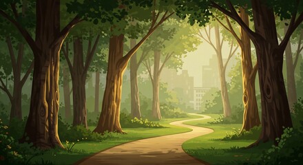 Walking Path Winding Through a Sunny Forest in the City