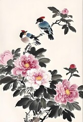 A traditional Chinese painting of two vividly colored birds perched gracefully among peonies. The birds have bright yellow chests, black faces, blue wings, and striking red caps