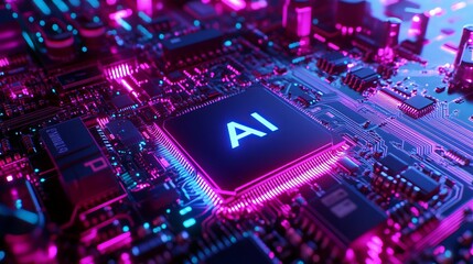 Futuristic AI Circuit Board Neon Pink and Blue Glow, Close-up View of Artificial Intelligence Processor