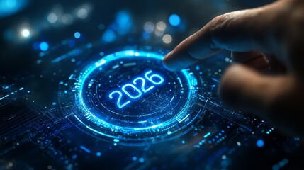 Futuristic Interface Showing 2026 A Hand Interacts with a Glowing Digital Display