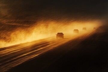 Silhouetted vehicles on a desolate road during a blizzard.