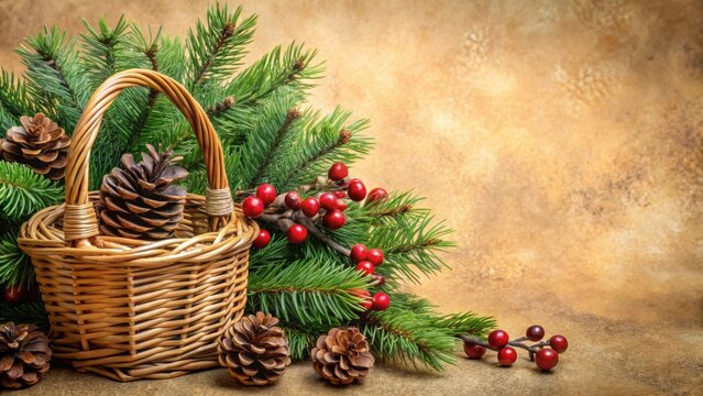 A rustic wicker basket filled with pine cones nestled amongst evergreen boughs and vibrant red berries, creating a festive winter scene against a warm, textured backdrop.