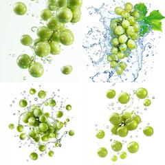 Four close-up images of green grapes suspended in water, showcasing splashes and droplets against a white background.  The grapes appear ripe and juicy