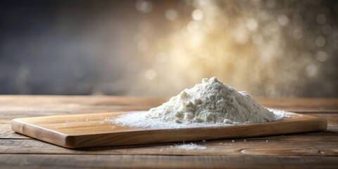 A mound of fine white flour sits on a rustic wooden cutting board, ready for baking delicious treats.