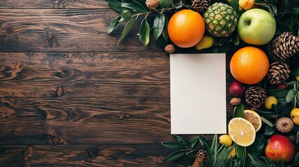 A blank card on a rustic wooden table surrounded by fresh fruits, pinecones, and green leaves, creating a natural and inviting setting.