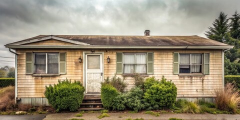 A neglected, weathered bungalow with faded siding, overgrown shrubs, and aged window shutters sits under a cloudy sky.