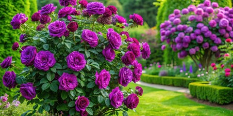 Obraz premium Vibrant Purple Roses in a Lush Garden Setting, Blooming Abundantly Amidst Green Foliage and Other Purple Flowers, Creating a Serene and Peaceful Atmosphere