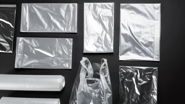 Assortment of new clear plastic bags on a dark background, including zipper storage bags, rolls, and carry out style sacks