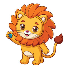 Adorable cartoon lion cub holding a blue marble