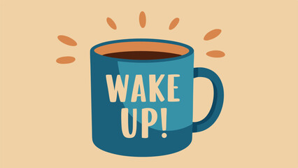 Blue coffee mug with wake up text on a transparent background illustration